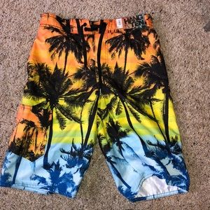 palm tree rainbow swim trunks